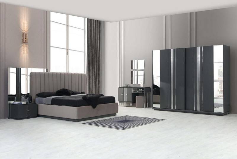 JVmoebel Schlafzimmer-Set Graue Designer Schlafzimmer Möbel Polsterbett Holzschrank Nachttische, (4-tlg., 1x Bett+2x Nachttische+1x Kleiderschrank), Made in Europa von JVmoebel
