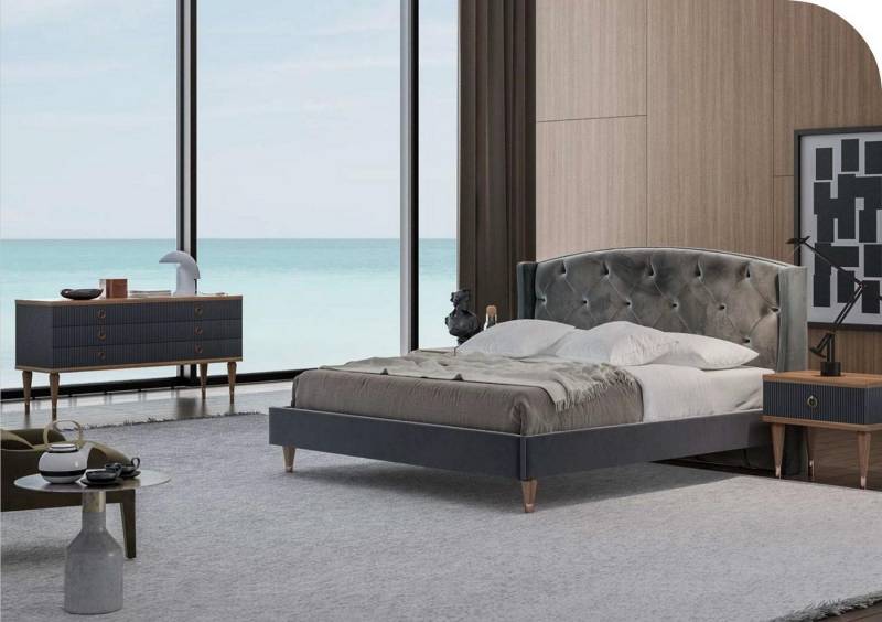 JVmoebel Schlafzimmer-Set Graue Schlafzimmer Garnitur Luxus Set Doppelbett 2x Nachttische, (4-tlg., Bett, 2x Nachttische, Кommode), Made in Europa von JVmoebel
