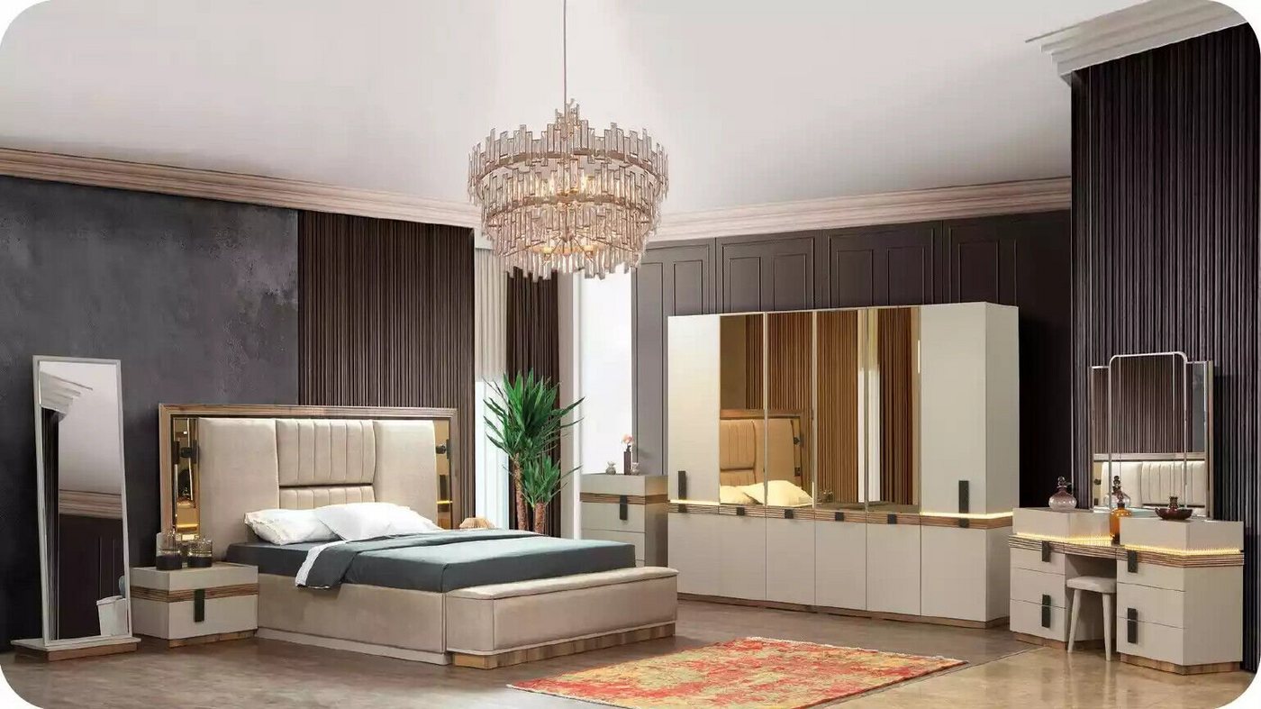 JVmoebel Schlafzimmer-Set Groß Komplette Schlafzimmermöbel Luxus Doppelbett Stoff Beige, (8-St., Bett/Bank/Nachttische/Kleiderschrank/Schminktisch/Bodenspiegel/Kommode), Made in Europa von JVmoebel