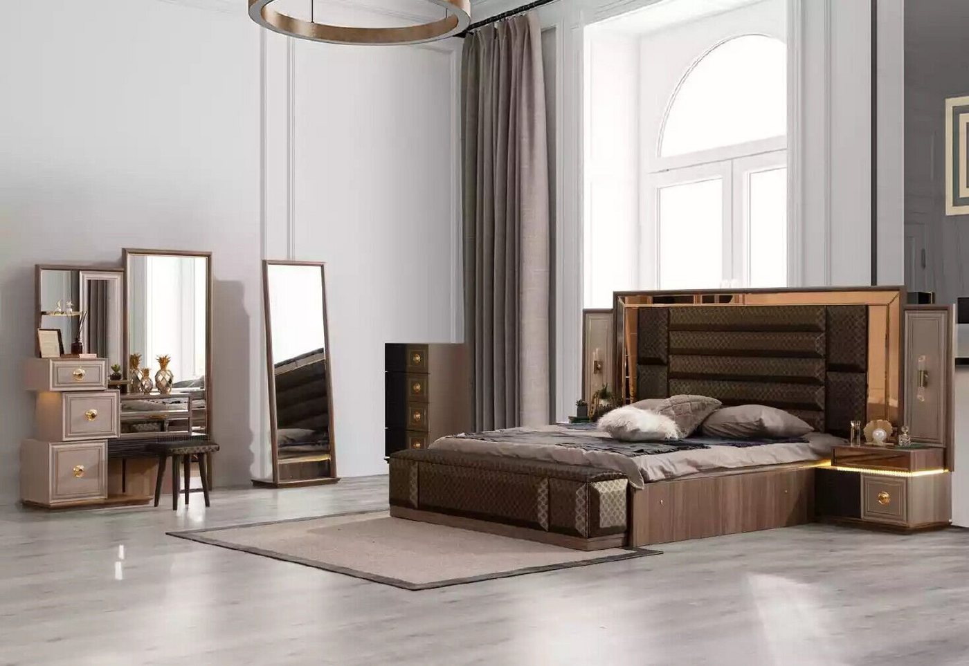 JVmoebel Schlafzimmer-Set Groß Komplette Schlafzimmermöbel Luxus Doppelbett Stoff Braun, (7-St., Bett/Bank/2x Nachttische/Schminktisch/Bodenspiegel/Kommode), Made in Europa von JVmoebel