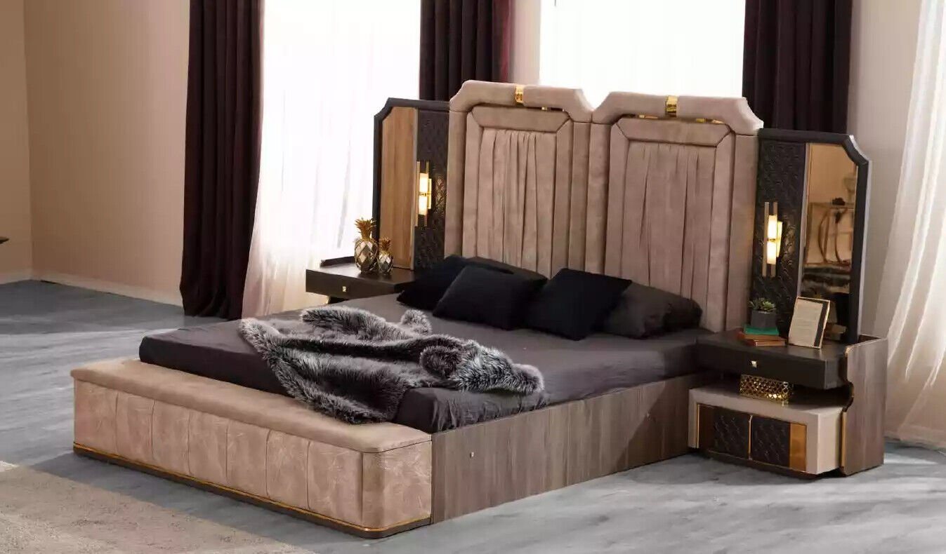 JVmoebel Schlafzimmer-Set Gruppe Bett Beige Set 4tlg Schlafzimmer Doppelbett Stoff Nachttische, (4-St., Bett/Bank/2x Nachttische), Made in Europa von JVmoebel