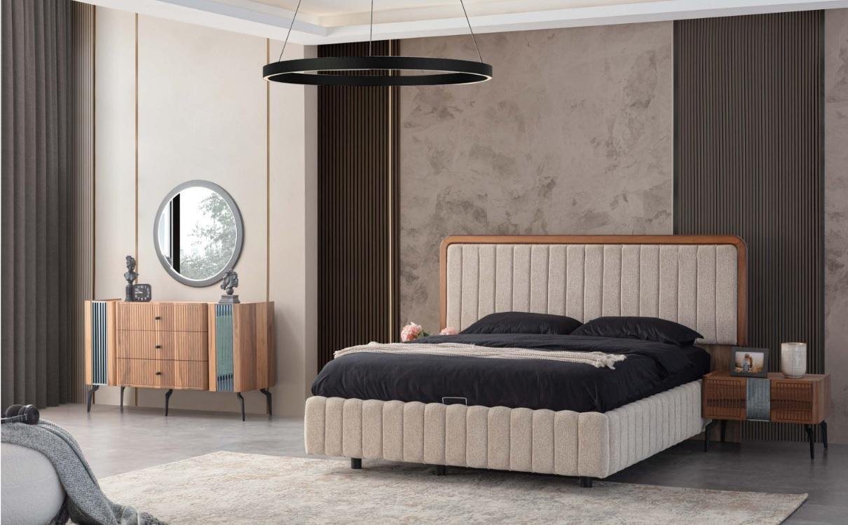 JVmoebel Schlafzimmer-Set Helle Schlafzimmer Möbel Doppelbett Schminktisch Spiegel, (5-St., Bett, 2x Nachttisch, Schminktisch, Spiegel), Made in Europa von JVmoebel