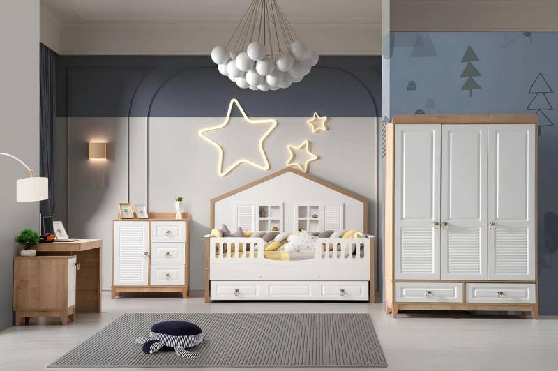 JVmoebel Jugendzimmer-Set Helles Kinderzimmer Set mit Bett, Schrank und Schreibtisch, 4-teilig, (4-tlg., 1x Bett + 1x Kleiderschrank + 1x Kommode + 1x Schreibtisch), Made in Europa von JVmoebel