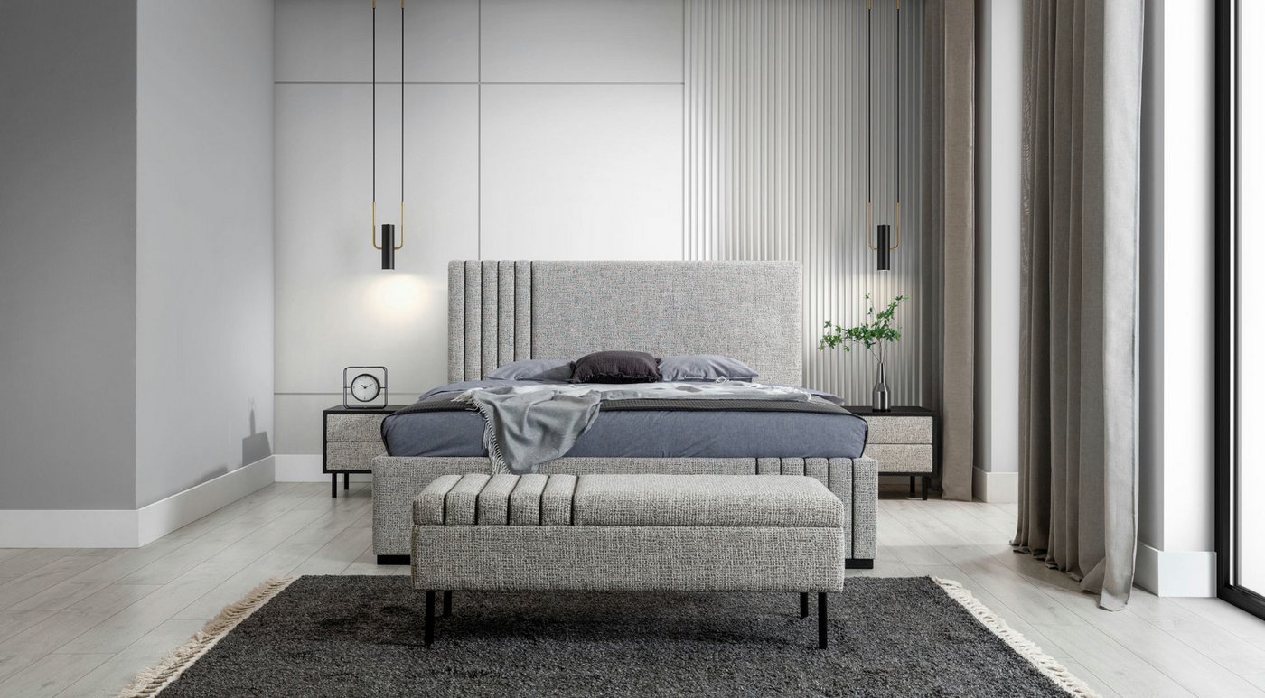 JVmoebel Schlafzimmer-Set Helles Schlafzimmermöbel-Set: Designer-Bett mit Nachttischen & Bank, (4-tlg., 1x Bett + 2x Nachttische + 1x Bank), Made in Europa von JVmoebel