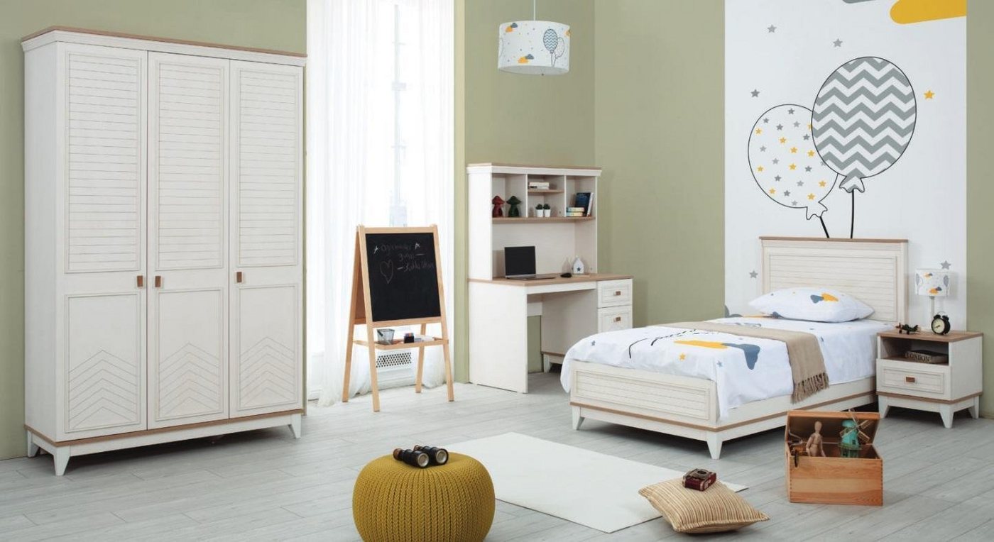 JVmoebel Schlafzimmer-Set Kinderbett Schlafzimmer Sets Jugenbett Weiß Holz Garnitur 4tlg Bett, (4-St., Kinderbett, Nachttisch, Kleiderschrank, Schreibtisch), Made in Europa von JVmoebel