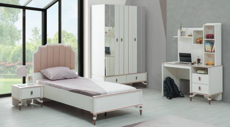 JVmoebel Schlafzimmer-Set Kindermöbel Garnitur Kinderzimmer Bett Kinderbett Rosa Holz Set 4tlg, (4-St., Kinderbett, Nachttisch, Kleiderschrank, Schreibtisch), Made in Europa von JVmoebel