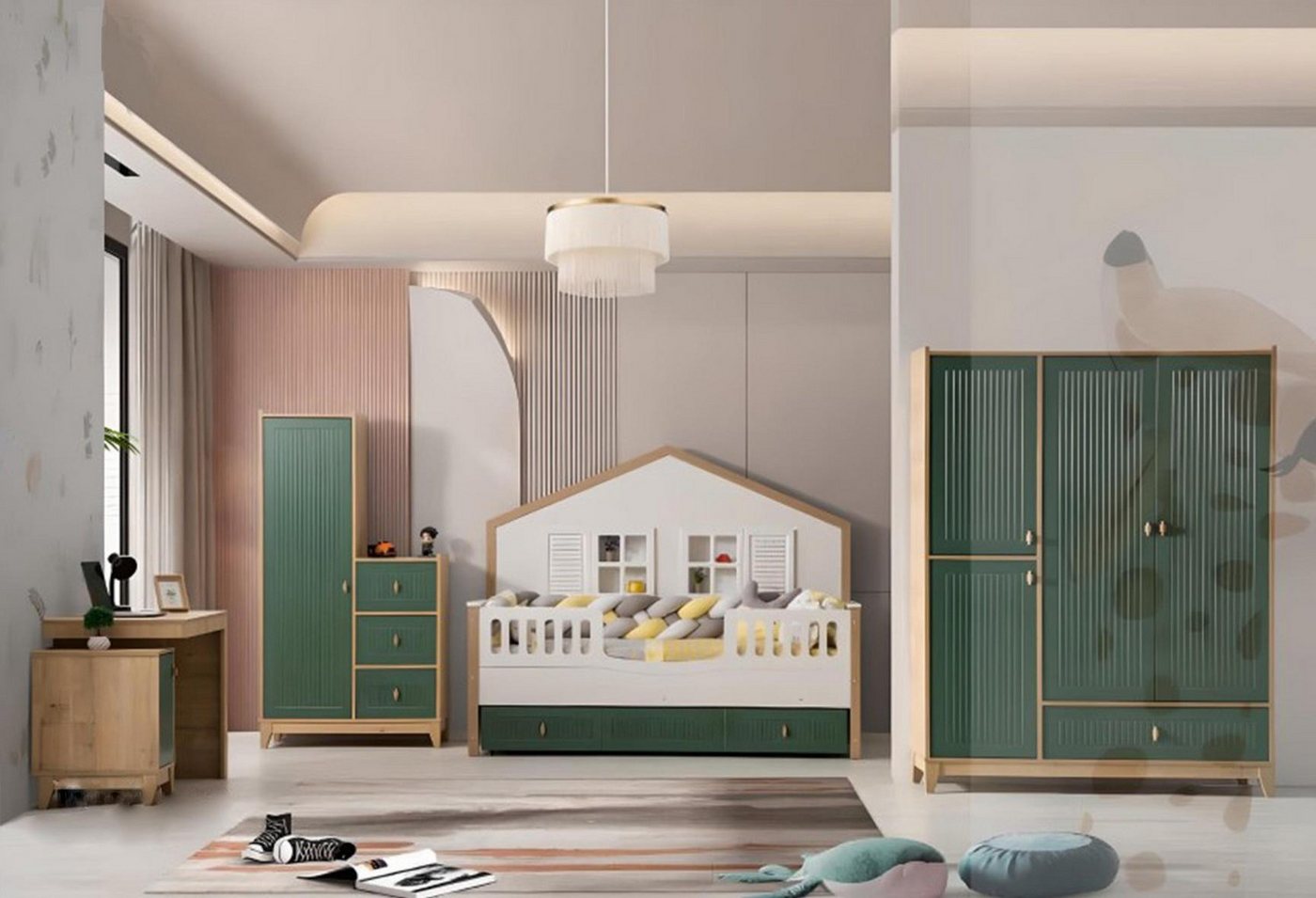JVmoebel Jugendzimmer-Set Kinderzimmer-Set mit Bett, 2 Kleiderschränken und Schreibtisch, (4-tlg., 1x Bett + 2x Kleiderschrank + 1x Schreibtisch), Made in Europa von JVmoebel