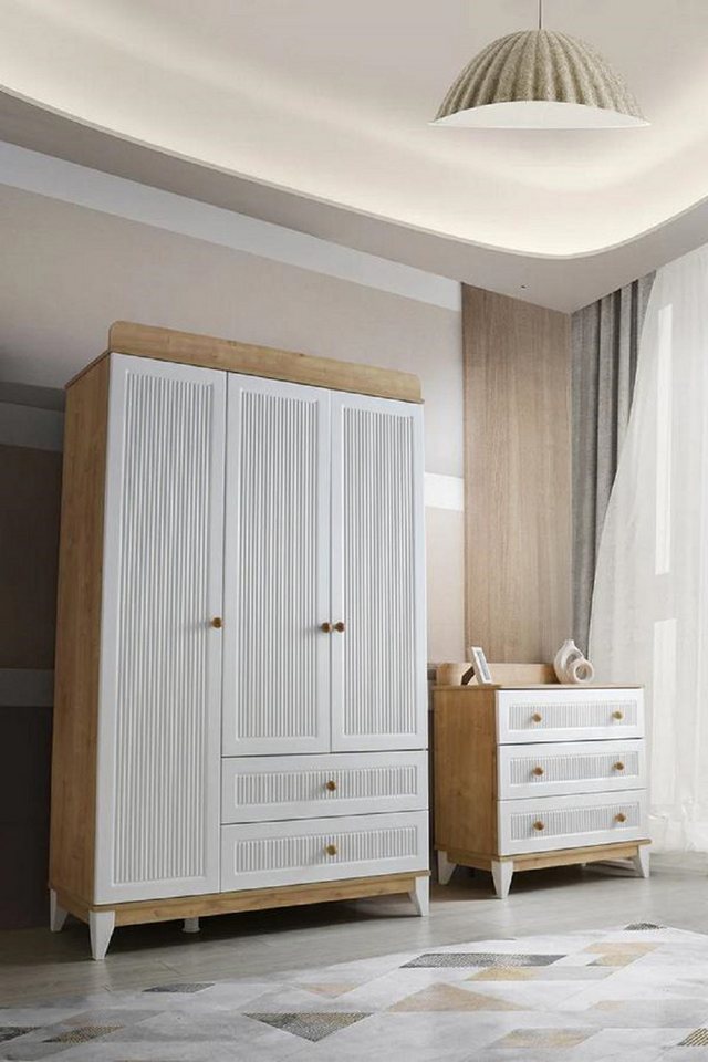 JVmoebel Schlafzimmer-Set Kommode mit Kleiderschrank Holzmöbel Weiß Schlafzimmer Kinderzimmer, (2-tlg., Kommode + Kleiderschrank), Made in Europa von JVmoebel