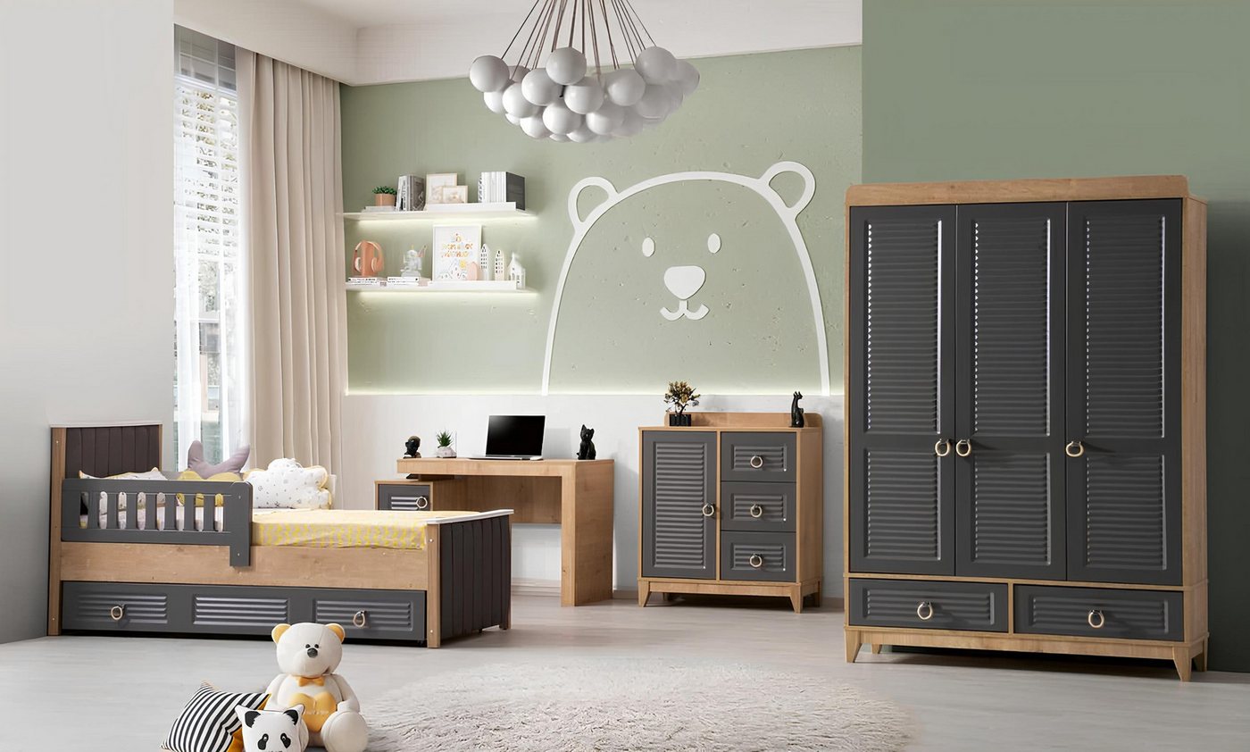 JVmoebel Schlafzimmer-Set Komplette Kindermöbel Kinderbett Holz Möbel Set 4tlg Kinderzimmer Grau, (4-tlg., 1x Bett + 1x Kleiderschrank + 1x Kommode + 1x Schreibtisch), Made in Europa von JVmoebel