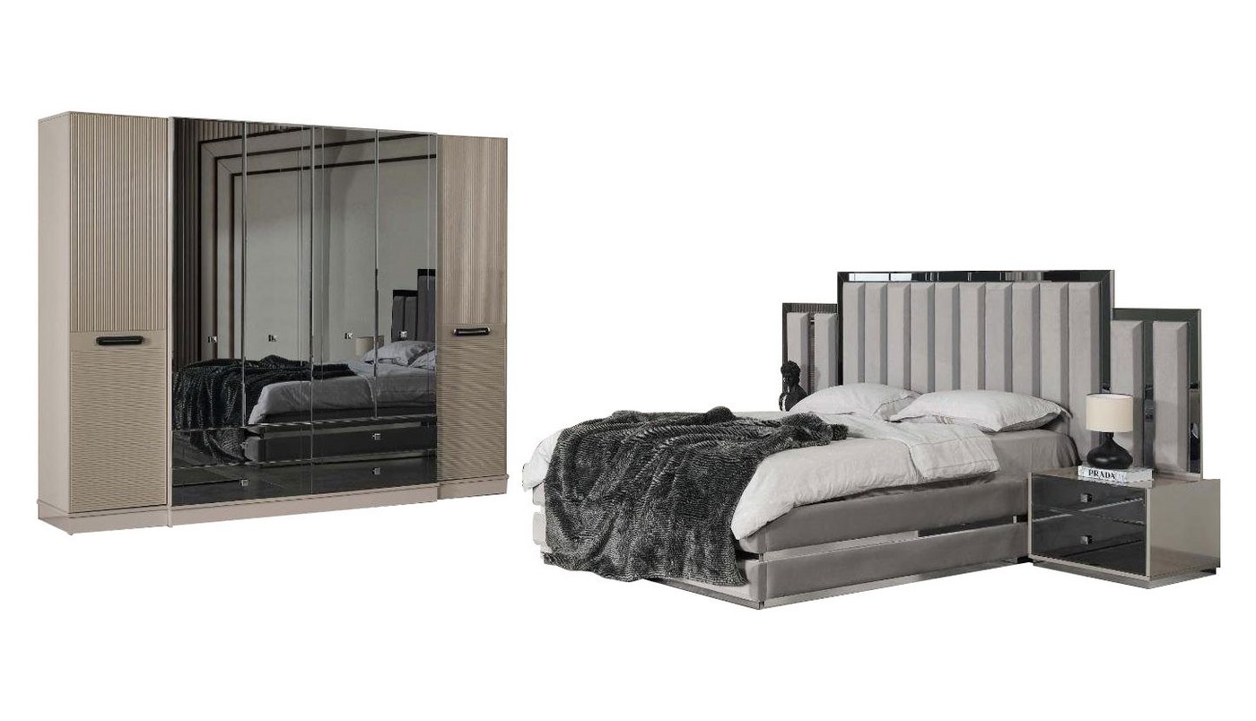 JVmoebel Schlafzimmer-Set Komplette Schlafzimmer Doppelbett Bett Nachttische 4tlg Grau Schrank, (4-St., Bett, 2x Nachttisch, Kleiderschrank), Made in Europa von JVmoebel