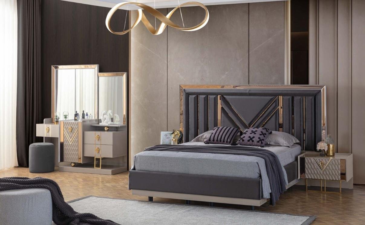 JVmoebel Schlafzimmer-Set Komplette Schlafzimmer Garnitur Graues Bett Schminktisch Mit Spiegel, (4-St., Bett, 2x Nachttisch, Schminktisch mit Spiegel), Made in Europa von JVmoebel