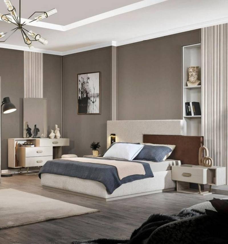 JVmoebel Schlafzimmer-Set Komplette Schlafzimmer Möbel Designer Schlafbett Moderner Schminktisch, (4-tlg., Bett + 2x Nachttische + Schminktisch + Spiegel), Made in Europa von JVmoebel