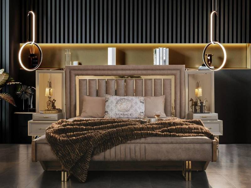 JVmoebel Schlafzimmer-Set Komplette Schlafzimmermöbel Doppelbett Bett Nachttische Beige, (3-St., Bett/2x Nachttische), Made in Europa von JVmoebel