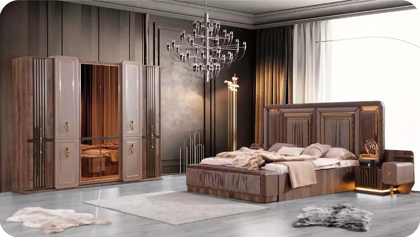 JVmoebel Schlafzimmer-Set Komplette Schlafzimmermöbel Luxus Bett Set Doppelbett Beige Stoff, (4-St., Bett/2x Nachttische/Kleiderschrank), Made in Europa von JVmoebel