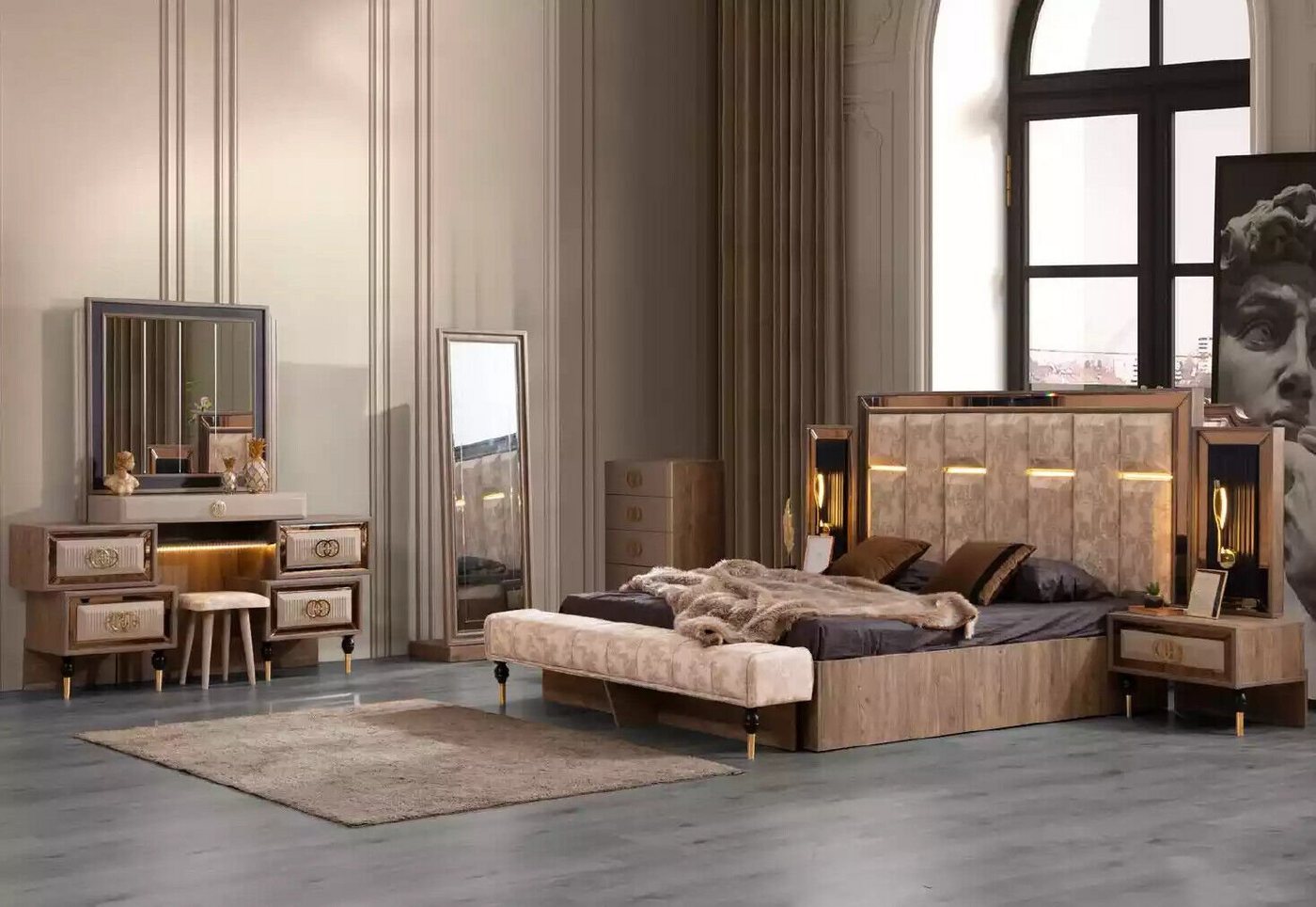 JVmoebel Schlafzimmer-Set Komplette Schlafzimmermöbel Luxus Bett Set Doppelbett Beige Stoff, (6-St., Bett/2x Nachttische/Schminktisch/Bodenspiegel/Kommode), Made in Europa von JVmoebel