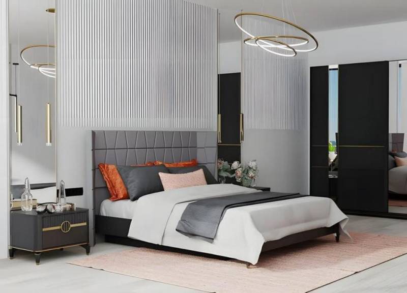 JVmoebel Schlafzimmer-Set Komplettes Schlafzimmer Set 6tlg Grau Doppelbett Nachttische Schränke, (6-tlg., Doppelbett, 2xNachttische, Kleiderschrank, Kommode + Spiegel), Made in Europe von JVmoebel
