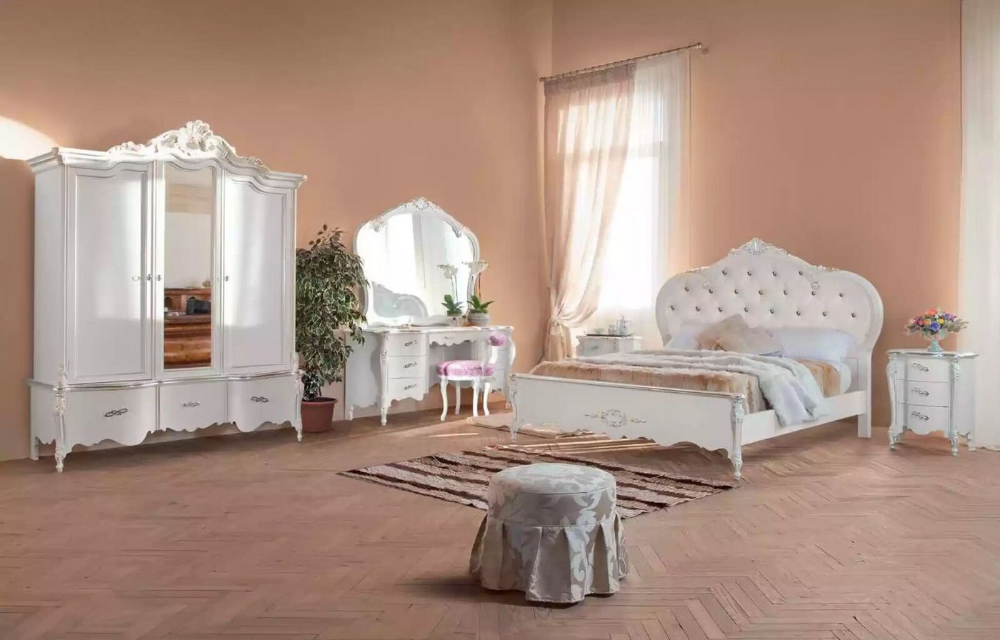 JVmoebel Schlafzimmer-Set Komplettes Schlafzimmermöbel-Set Weiße Klassische Möbel-Set 8tlg neu, (7-St., Bett, Kleiderschrank, Spiegel, 2x Nachttische, Schminktisch, Hocker), Made in Europa von JVmoebel