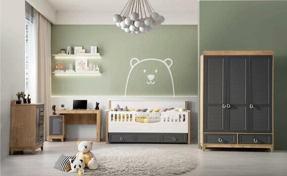 JVmoebel Jugendzimmer-Set Luxuriös Kindermöbel Garnitur Kinderzimmer Kinderbett Grau Holz Set, (4-tlg., 1x Bett + 1x Kleiderschrank + 1x Kommode + 1x Schreibtisch), Made in Europa von JVmoebel