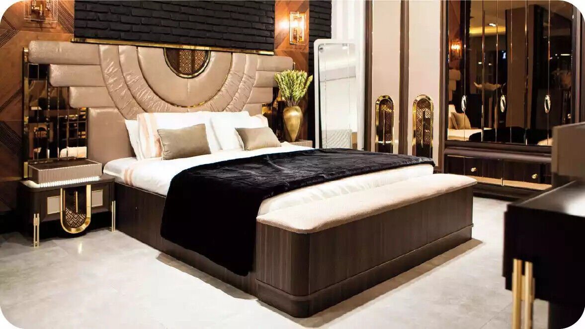 JVmoebel Schlafzimmer-Set Luxuriöse Doppelbett Beige Stoff Bett Set 4tlg Schlafzimmer Garnitur, (4-St., Bett/Bank/2x Nachttische), Made in Europa von JVmoebel