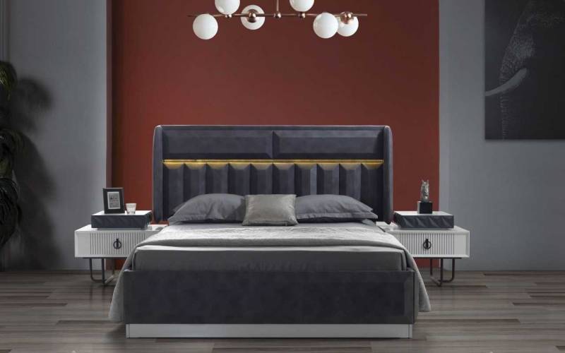 JVmoebel Schlafzimmer-Set Luxuriöse Schlafzimmer Set Graues Doppelbett Holz Nachttische, (3-tlg., Bett + 2x Nachttische), Made in Europa von JVmoebel