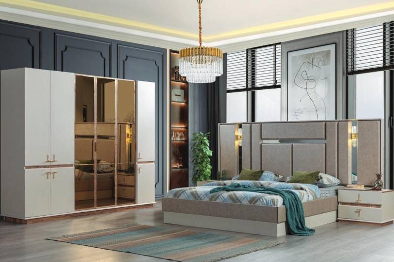 JVmoebel Komplettschlafzimmer Luxuriöse Schlafzimmermöbel: Designer Bett, Holzschrank, Nachttische, (4-tlg., Bett/2x Nachttische/Kleiderschrank), Made in Europa von JVmoebel