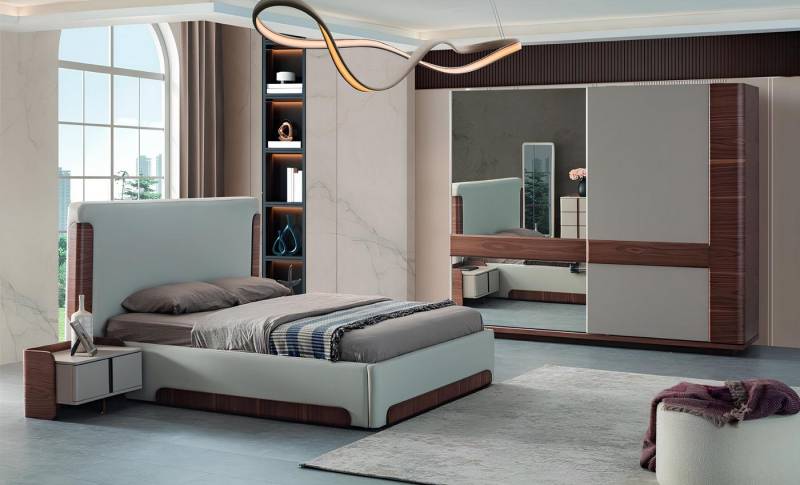 JVmoebel Schlafzimmer-Set Luxuriöse Schlafzimmermöbel: Designer Polsterbett & Kleiderschrank, (4-tlg., Bett/2x Nachttische/Kleiderschrank), Made in Europa von JVmoebel