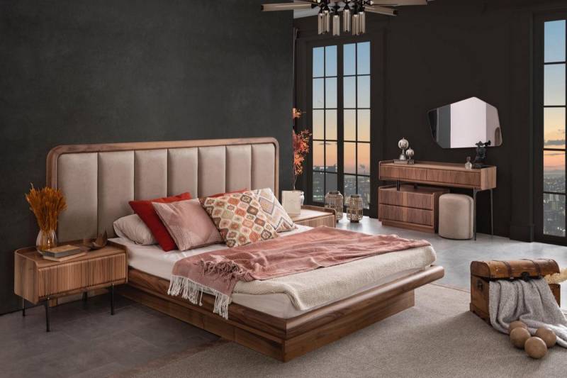 JVmoebel Schlafzimmer-Set Luxuriöse braune Holz Schlafzimmermöbel mit Bett und Spiegel, (5-tlg., 1x Bett + 2x Nachttische + 1x Schminktisch + 1x Spiegel), Made in Europa von JVmoebel
