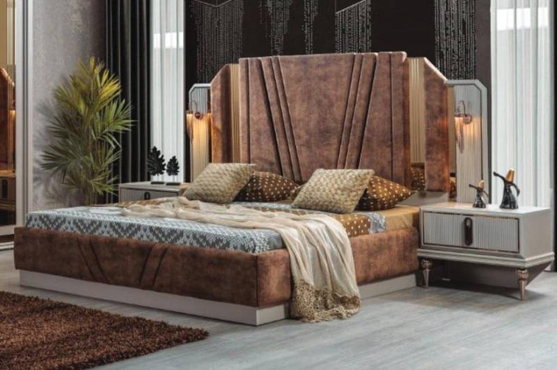 JVmoebel Schlafzimmer-Set Luxuriöses Bett-Set in Beige mit 2 Designer-Nachttischen, (3-tlg., Bett/2x Nachttische), Made in Europa von JVmoebel
