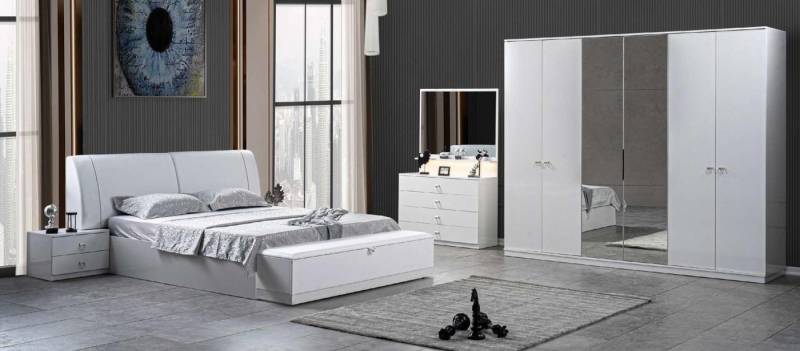 JVmoebel Schlafzimmer-Set Luxuriöses Möbelset in Weiß mit Nachttischen und Kleiderschrank, (5-tlg., Bett + Bank + 2x Nachttische + Kleiderschrank + Kommode mit Spiegel), Made in Europa von JVmoebel