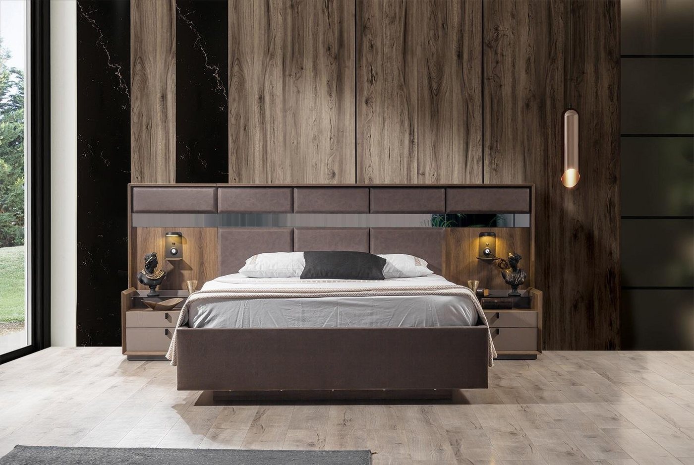 JVmoebel Schlafzimmer-Set Luxuriöses Schlafzimmer Set Braunes Doppelbett 2x Nachttische 3tlg Neu, (3-St., Bett + 2x Nachttische), Made in Europa von JVmoebel