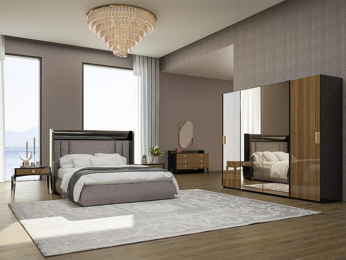 JVmoebel Schlafzimmer-Set Luxuriöses Schlafzimmer Set mit Kommode, Spiegel & 2 Nachttischen, (6-tlg., Bett + 2x Nachttische + Kommode + Spiegel + Kleiderschrank), Made in Europa von JVmoebel