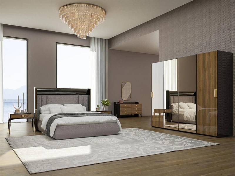 JVmoebel Schlafzimmer-Set Luxuriöses Schlafzimmer Set mit Kommode, Spiegel & 2 Nachttischen, (6-tlg., Bett + 2x Nachttische + Kommode + Spiegel + Kleiderschrank), Made in Europa von JVmoebel