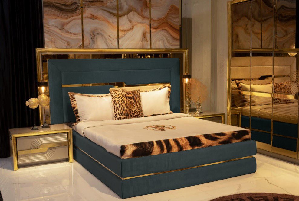JVmoebel Schlafzimmer-Set Luxus Betten Gold Bett Textil 2x Nachttisch 3 tlg. Set Möbel Modern von JVmoebel