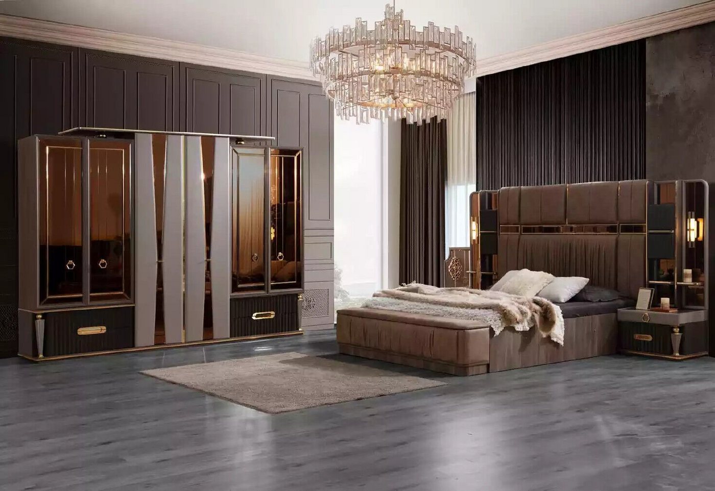 JVmoebel Schlafzimmer-Set Luxus Doppelbett Beige Stoff Bett Set 5tlg Schlafzimmer Garnitur, (5-St., Bett/Bank/2x Nachttische/Kleiderschrank), Made in Europa von JVmoebel