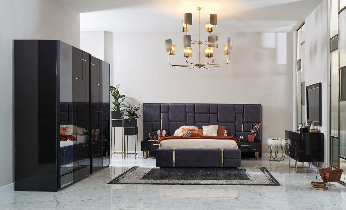 JVmoebel Schlafzimmer-Set Luxus Doppelbett Bettrahmen Schlafzimmer Holz Set 6tlg Schwarz Design, (6-St., Bett/2x Nachttische/Kleiderschrank/Kommode/Spiegel), Made in Europa von JVmoebel