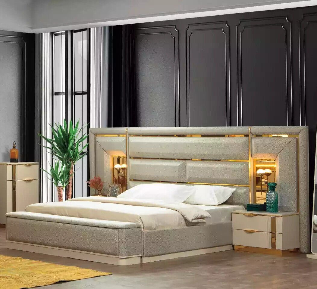 JVmoebel Schlafzimmer-Set Luxus Garnitur Bett Beige Set 4tlg Schlafzimmer Doppelbett Stoff Holz, (4-St., Bett/Bank/2x Nachttische), Made in Europa von JVmoebel