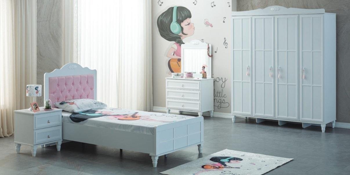 JVmoebel Schlafzimmer-Set Luxus Komplette Kindermöbel Kinderbett Weiß Holz Set Kinderzimmer, (5-St., Kinderbett, Nachttisch, Kleiderschrank, Kommode, Spiegel), Made in Europa von JVmoebel