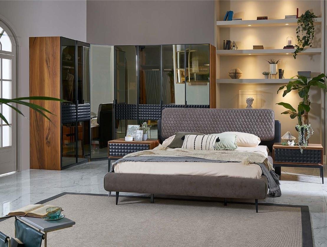 JVmoebel Schlafzimmer-Set Luxus Schlafzimmer Doppelbett Braun Holz Bettrahmen Set 4tlg Design, (4-St., Bett/2x Nachttische/Eckschrank), Made in Europa von JVmoebel