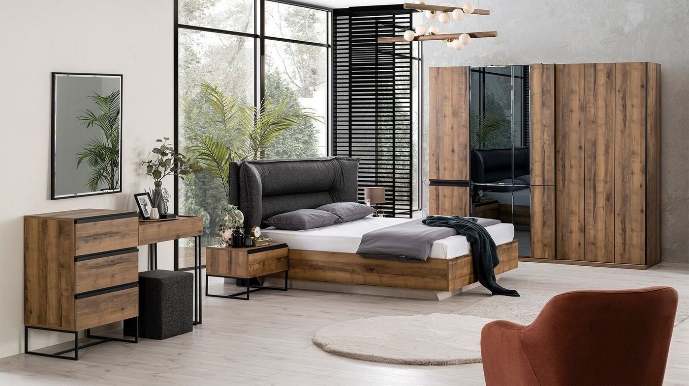 JVmoebel Schlafzimmer-Set Luxus Schlafzimmer Garnitur Doppelbett Bett Holz Set 7tlg Braun Modern, (Bett/Nachttische/Kleiderschrank/Kommode/Spiegel/Hocker), Made In Europe von JVmoebel