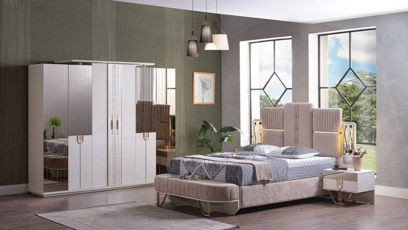 JVmoebel Schlafzimmer-Set Luxus Schlafzimmer Set 5 tlg. Bett 2x Nachttische Kleiderschrank Bank, (5-tlg., 1x Bett + 2x Nachttische + 1x Kleiderschrank + 1x Bank), Made in Europa von JVmoebel