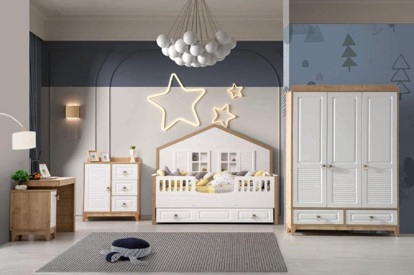 JVmoebel Schlafzimmer-Set Modern Kinderzimmer Set Bett Kleiderschrank Schreibtisch Helles 4tlg, (4-St., 1x Bett + 1x Kleiderschrank + 1x Kommode + 1x Schreibtisch), Made in Europa von JVmoebel