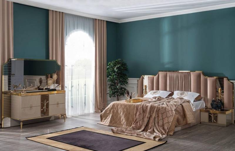 JVmoebel Schlafzimmer-Set Modern Schlafzimmer Bett 2x Nachttisch Kommode mit Spiegel, (5-tlg., Bett + 2x Nachttische + Kommode mit Spiegel), Made in Europa von JVmoebel