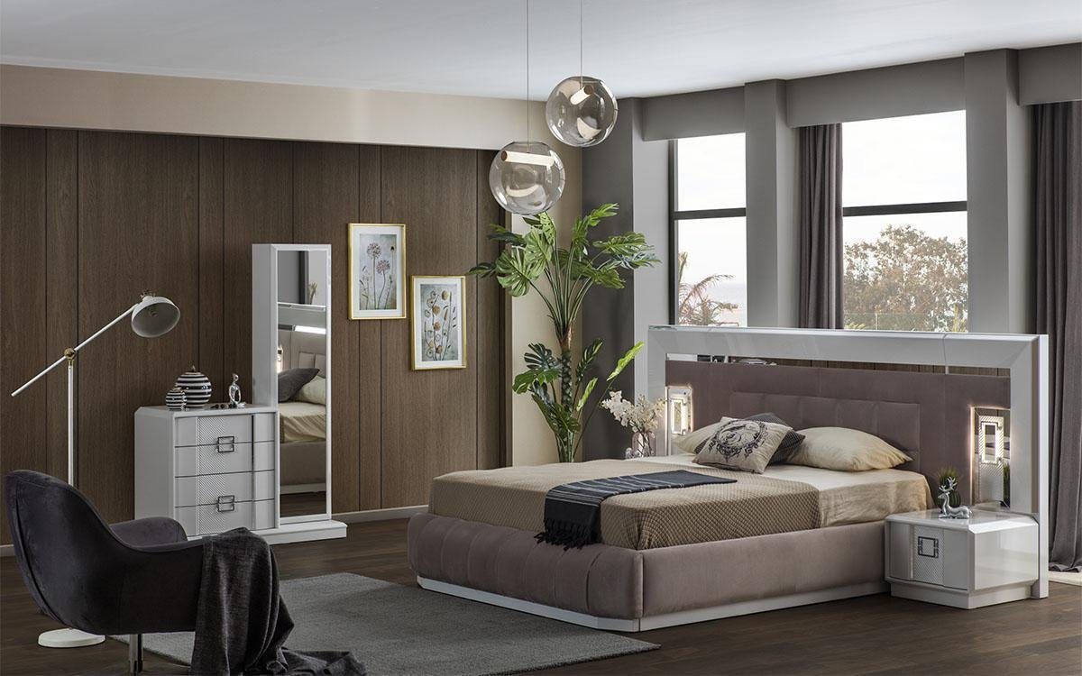 JVmoebel Schlafzimmer-Set Modern Schlafzimmer Set Bett + 2x Nachttische + Kommode mit Spiegel, Made In Europe von JVmoebel