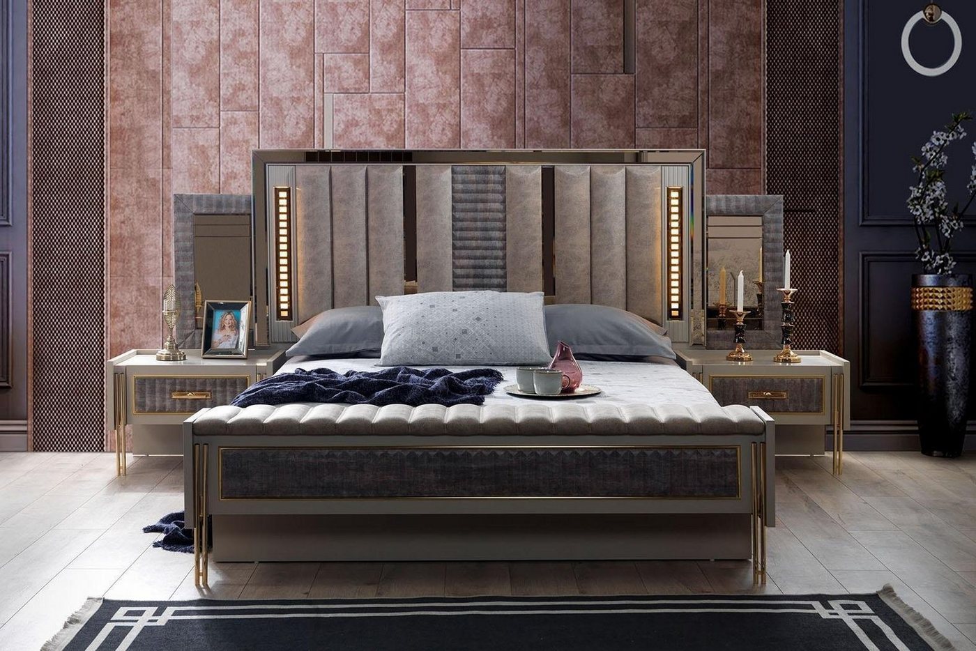 JVmoebel Schlafzimmer-Set Modern Schlafzimmer Set Bett 2x Nachttische Holz Möbel Design, (3-St., Bett + 2x Nachttische), Made in Europe von JVmoebel