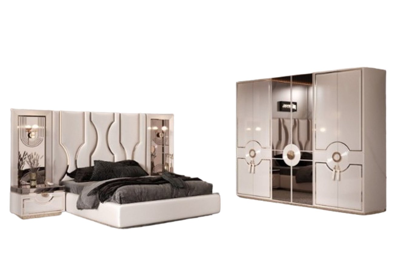 JVmoebel Schlafzimmer-Set Modern Schlafzimmer Set Bett Kleiderschrank Schminktisch SOFORT, (5-St., Bett, 2x Nachttische, Kleideschrank, Schminktisch mit spiegel, Hocker), Made in Europa von JVmoebel