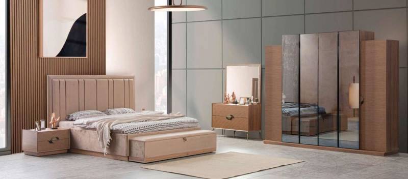 JVmoebel Schlafzimmer-Set Modern Schlafzimmer Set Möbel Bett 2x Nachttische 5 tlg. Luxury Neu, (5-tlg., Bett + + Bank + 2x Nachttische + Kleiderschrank + Schminktisch), Made in Europa von JVmoebel