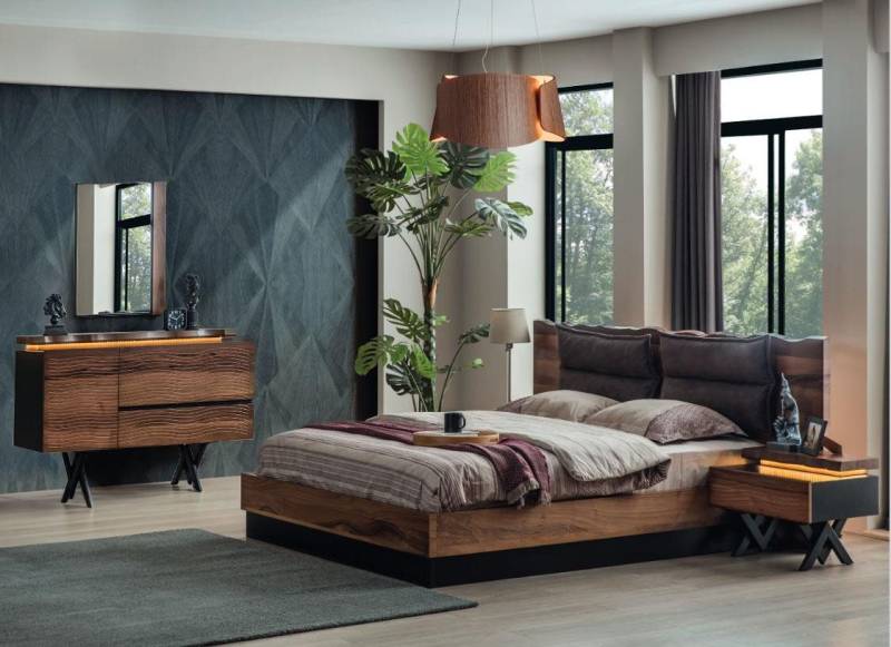 JVmoebel Komplettschlafzimmer Moderne Designer Schlafzimmermöbel mit Doppelbett und Nachttisch, (5-tlg., 1x Bett+2x Nachttische+1x Schminktisch+1x Spiegel), Made in Europa von JVmoebel