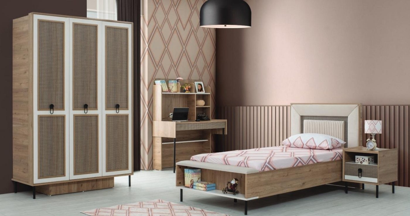 JVmoebel Schlafzimmer-Set Moderne Komplette Kindermöbel Kinderbett Braun Holz Set 4tlg Bett Neu, (4-St., Kinderbett, Nachttisch, Kleiderschrank, Schreibtisch), Made in Europa von JVmoebel