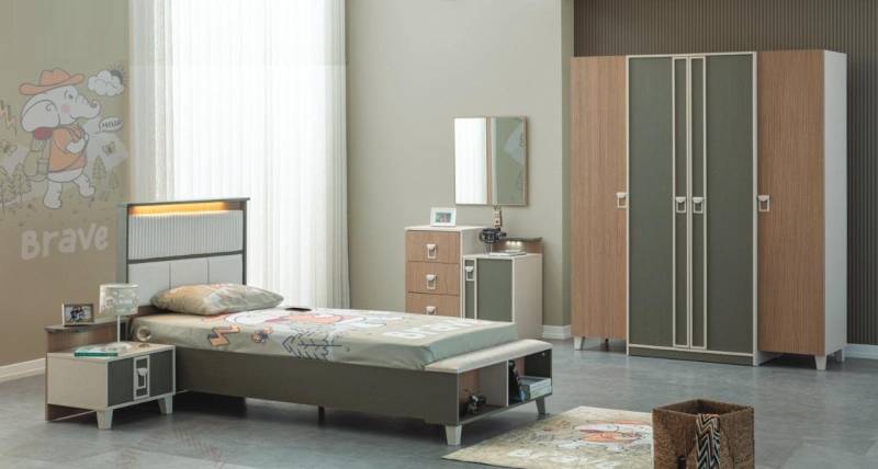 JVmoebel Schlafzimmer-Set Moderne Komplette Kindermöbel Kinderbett Grau Holz Set Nachttisch, (5-St., Kinderbett, Nachttisch, Kleiderschrank, Kommode, Spiegel), Made in Europa von JVmoebel