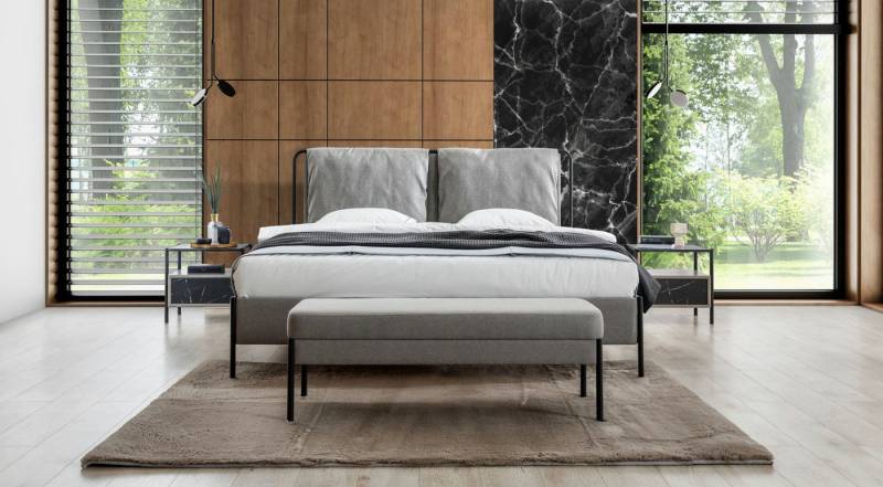 JVmoebel Schlafzimmer-Set Moderne Luxusbett Bank aus Metall für Ihr Schlafzimmer, (4-tlg., 1x Bett + 2x Nachttische + 1x Bank), Made in Europa von JVmoebel